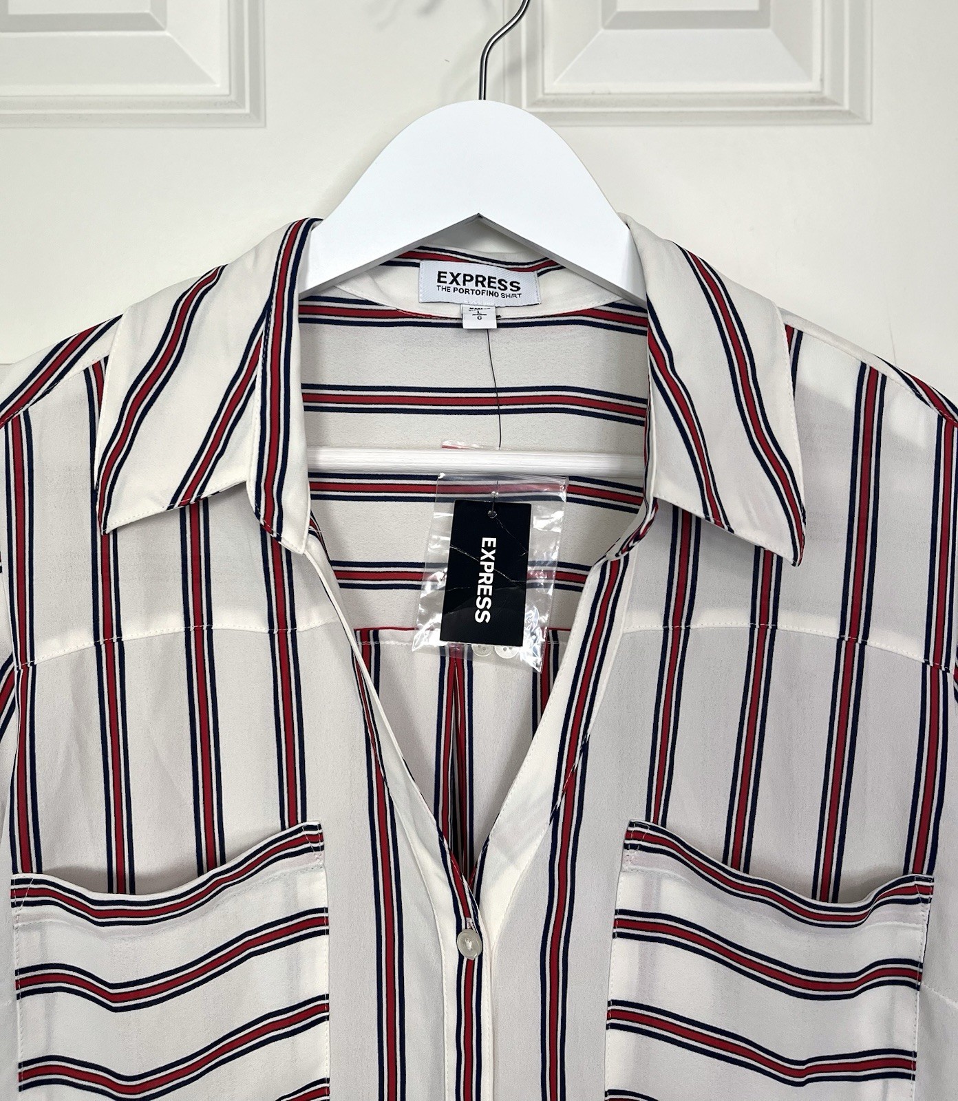 Express White Red Black Striped Collared Button Front Long Sleeve Shirt L