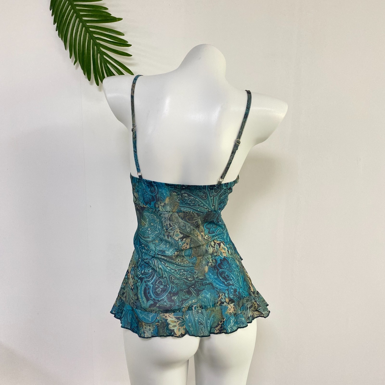 Teal Paisley Mesh Cami White Lace Olive Ribbon Bow Y2K Ruffle Hem Tank Top