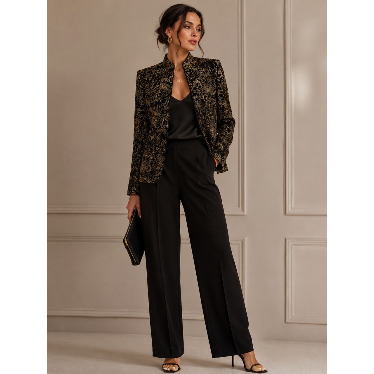 Black Gold Metallic Floral Jacket Glitter Sparkle Evening Glam Size S