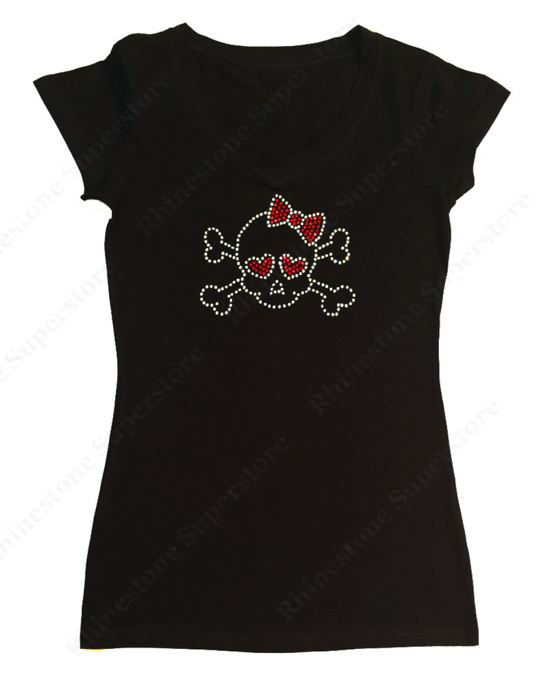 Women’s Rhinestone T-Shirt ” Skull with Red Hearts & Bow ” S, M, L, XL, 2X, 3X