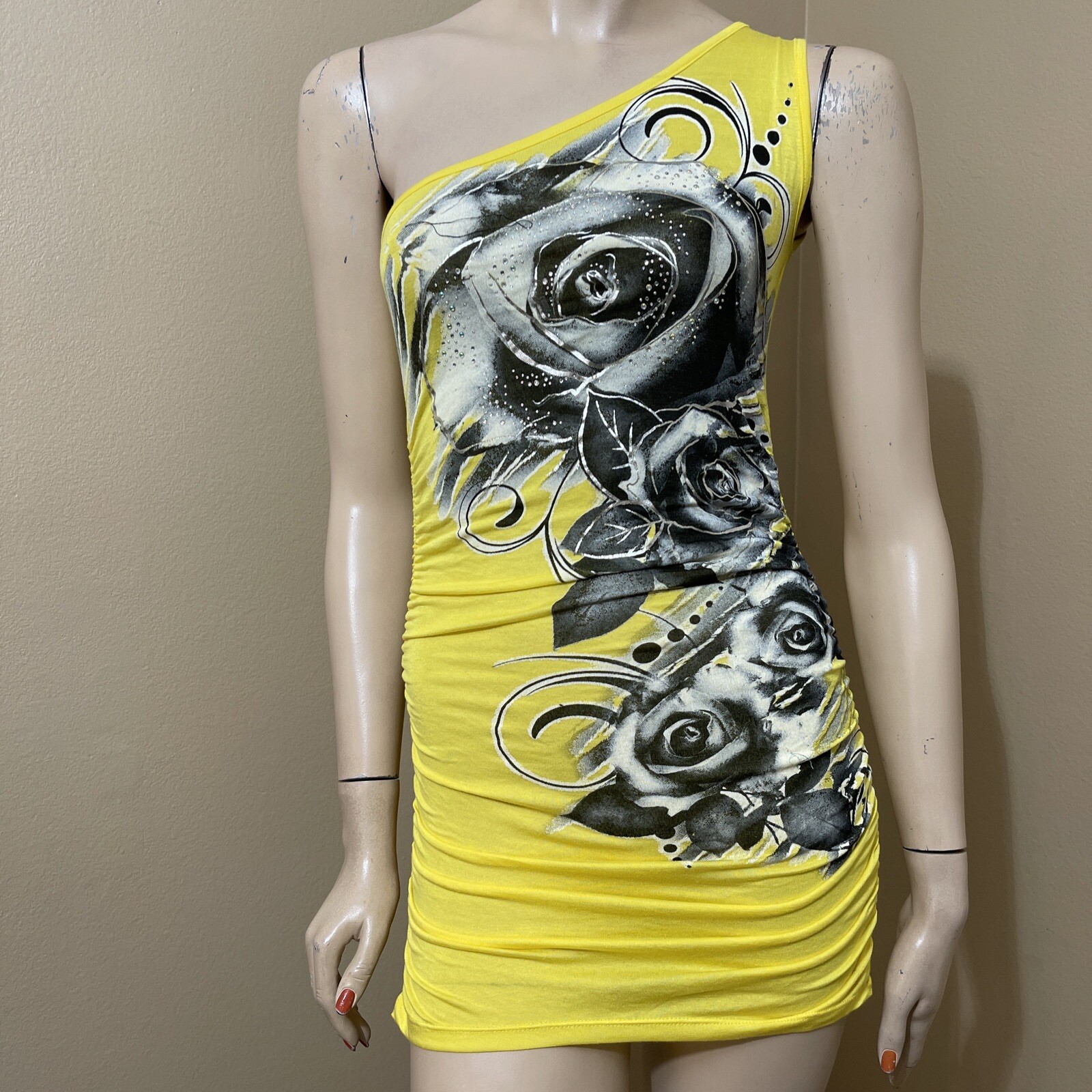Women’s Yellow Painted Rayon Casual Summer Open Stretch Slim Size S Blouse Tunic