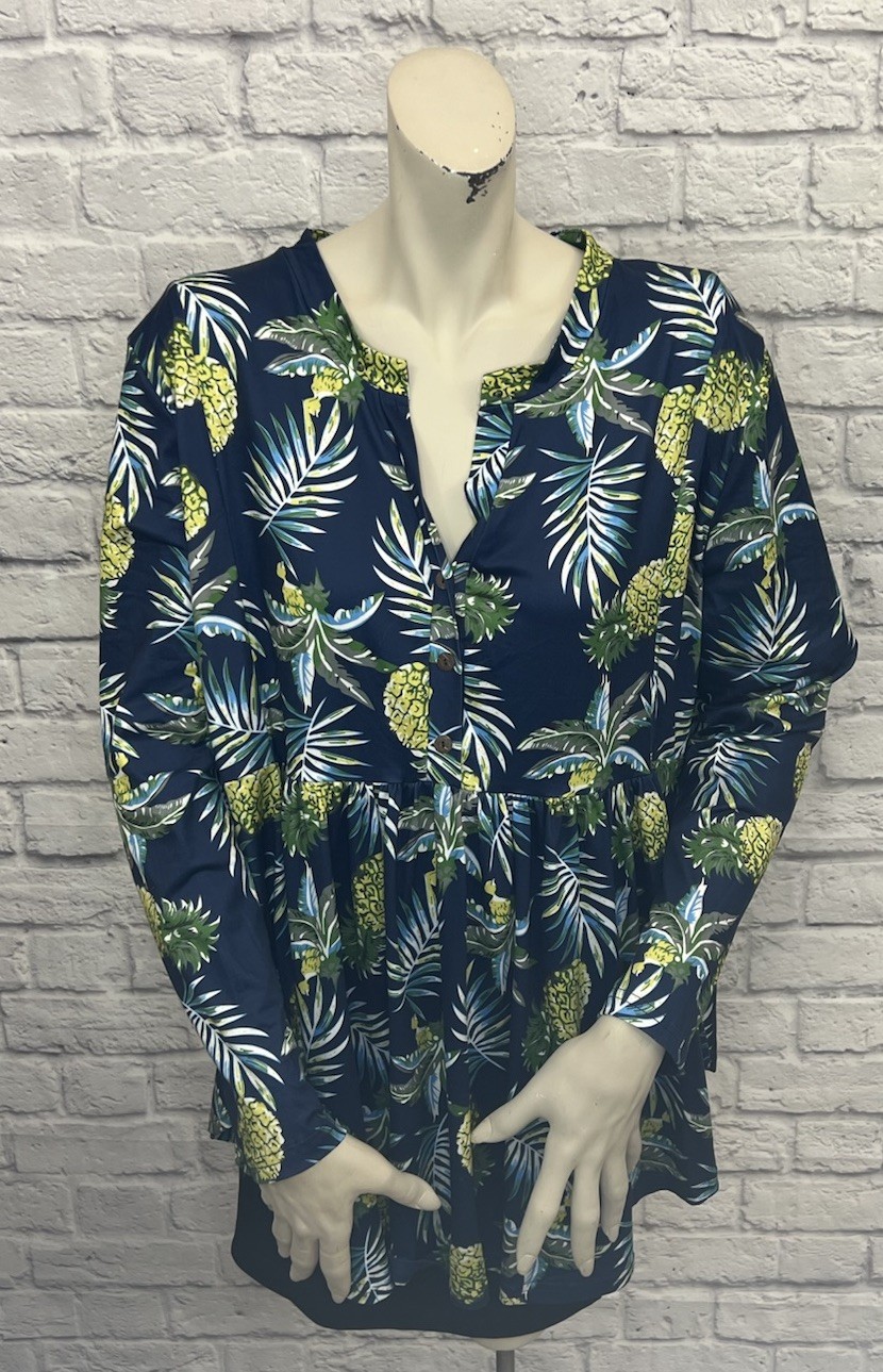 ALLEGRACE WOMEN’S MULTI COLOR PINEAPPLE PRINT LONG SLEEVE TOP SIZE 2X