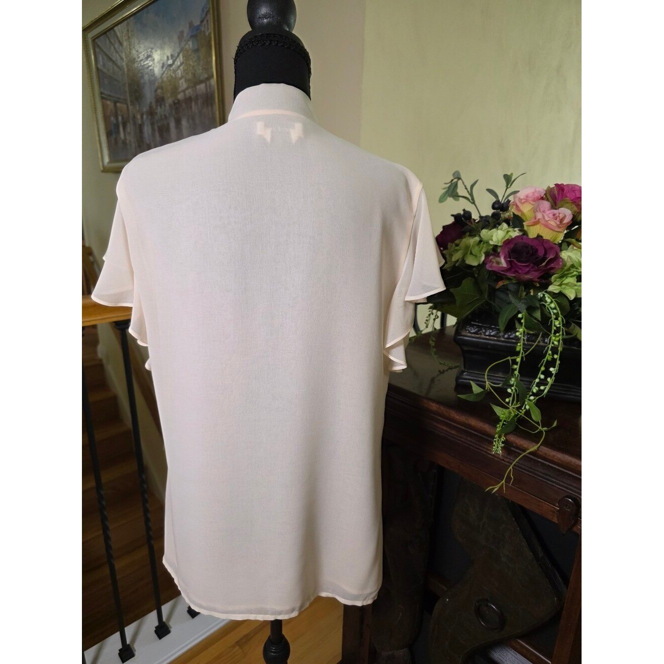 bebe Cream Tie-Neck Ruffle Sleeve Blouse Size L