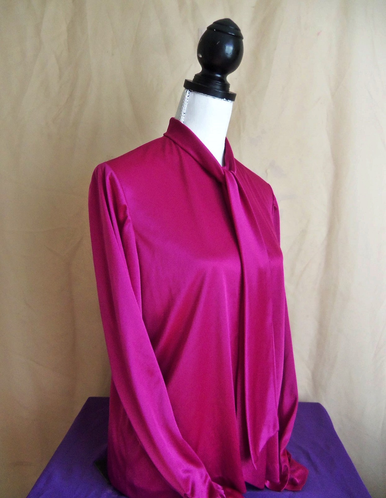 70s Unique handmade cobalt violet poly satin tie-neck blouse. Sz. L(?)