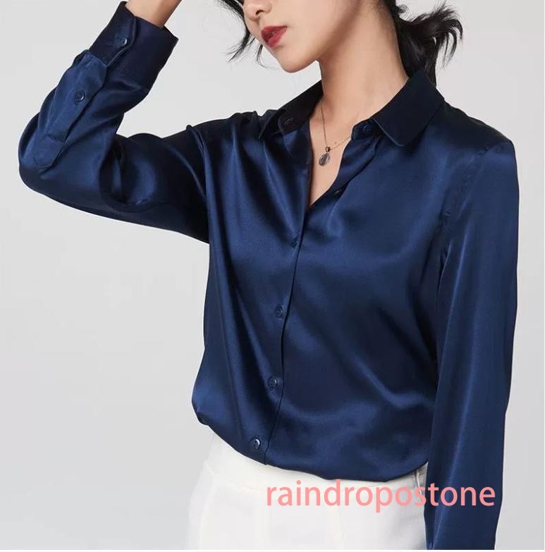 Imitated Silk Satin Long Sleeve Button Down V Neck Workwear Blouse Top Shirts