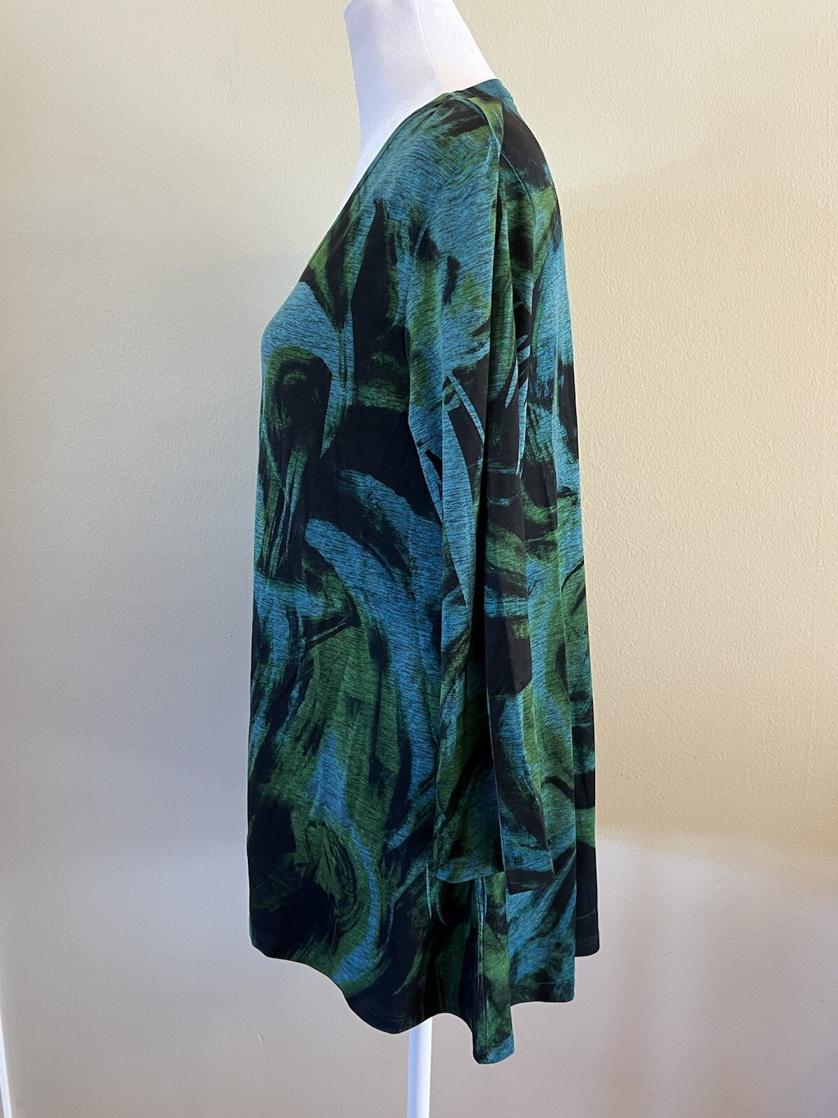 Jess & Jane Blue Green Brush Stroke Swirl V Neck Tunic Art to Wear Boho PM