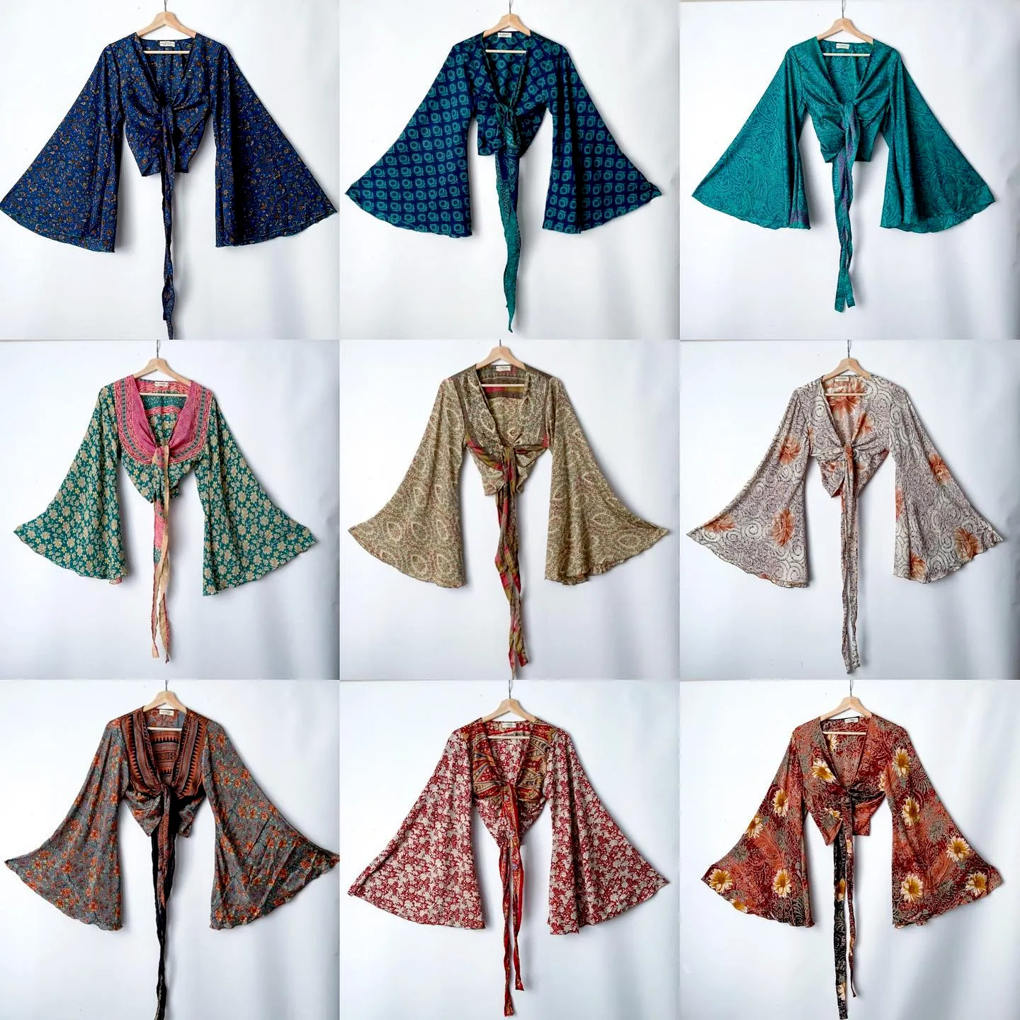 5 Pcs lot of Indian Vintage Silk Sari Bell Sleeve Crop Top Retro 60s Clothing