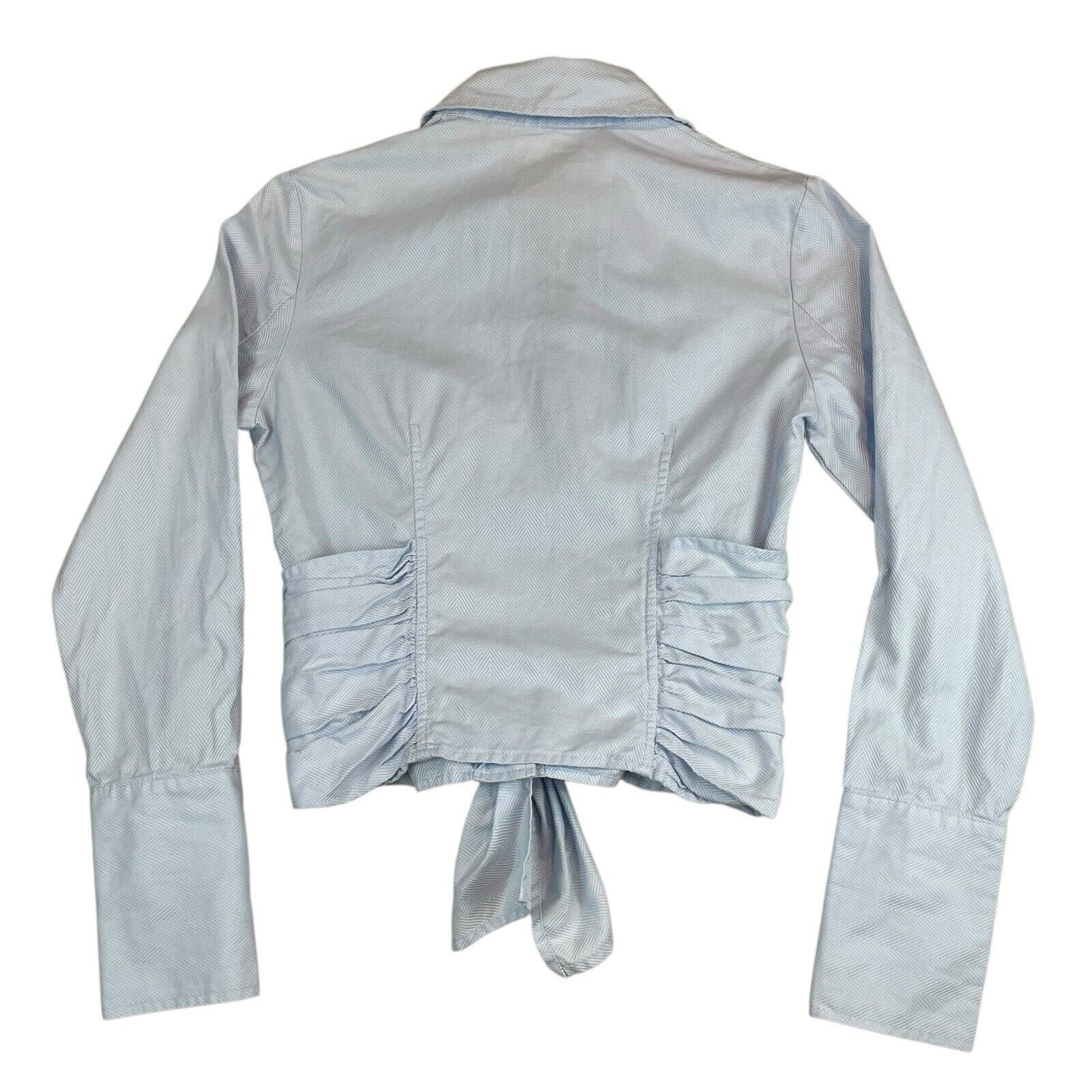Farinaz Taghavi Blue Ruched Front Button Tie Blouse Women’s Size 4 Quiet Luxury