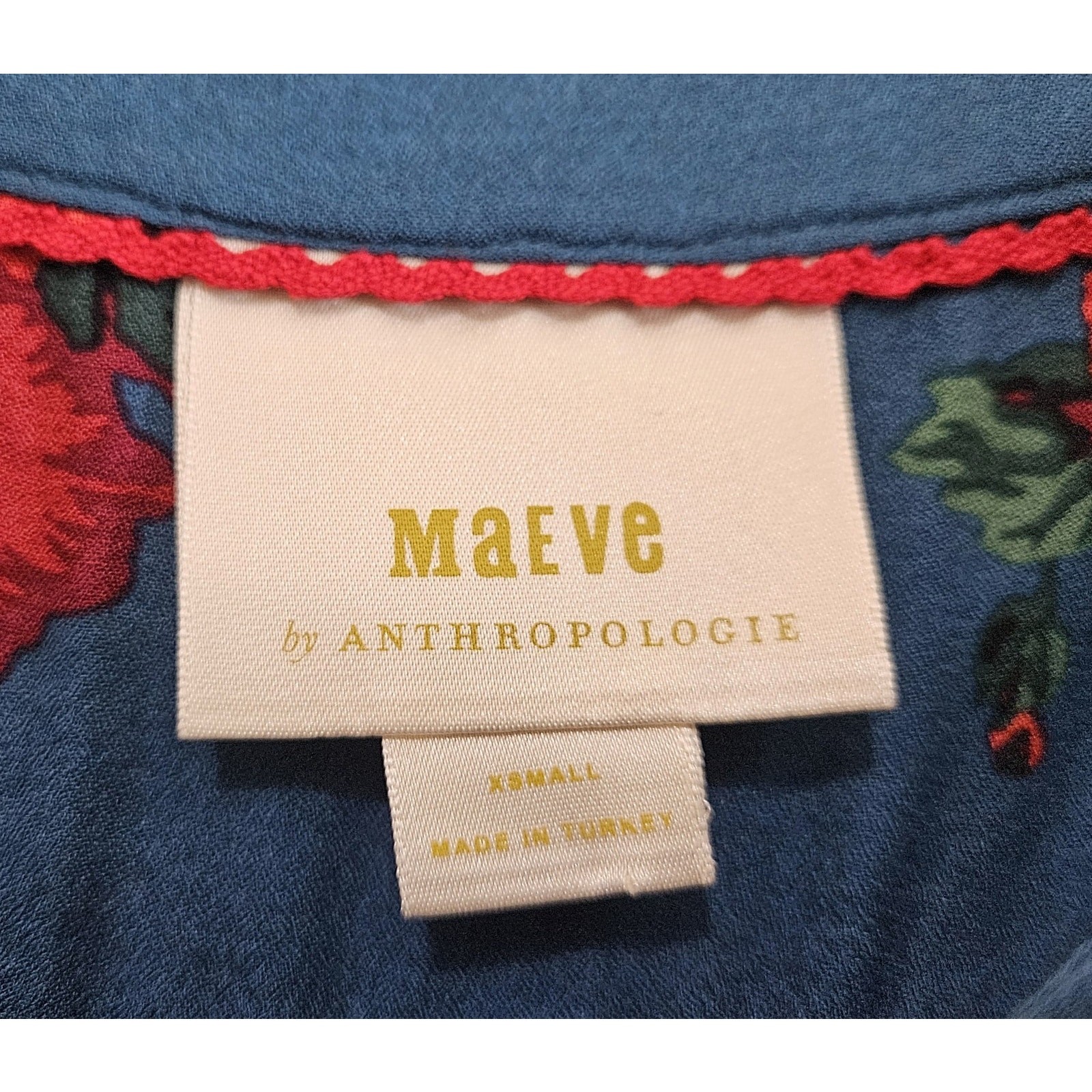 ANTHROPOLOGIE Maeve XS Kalas Blouse Top 1/2 Buttons Dark Turquoise Red Floral 38