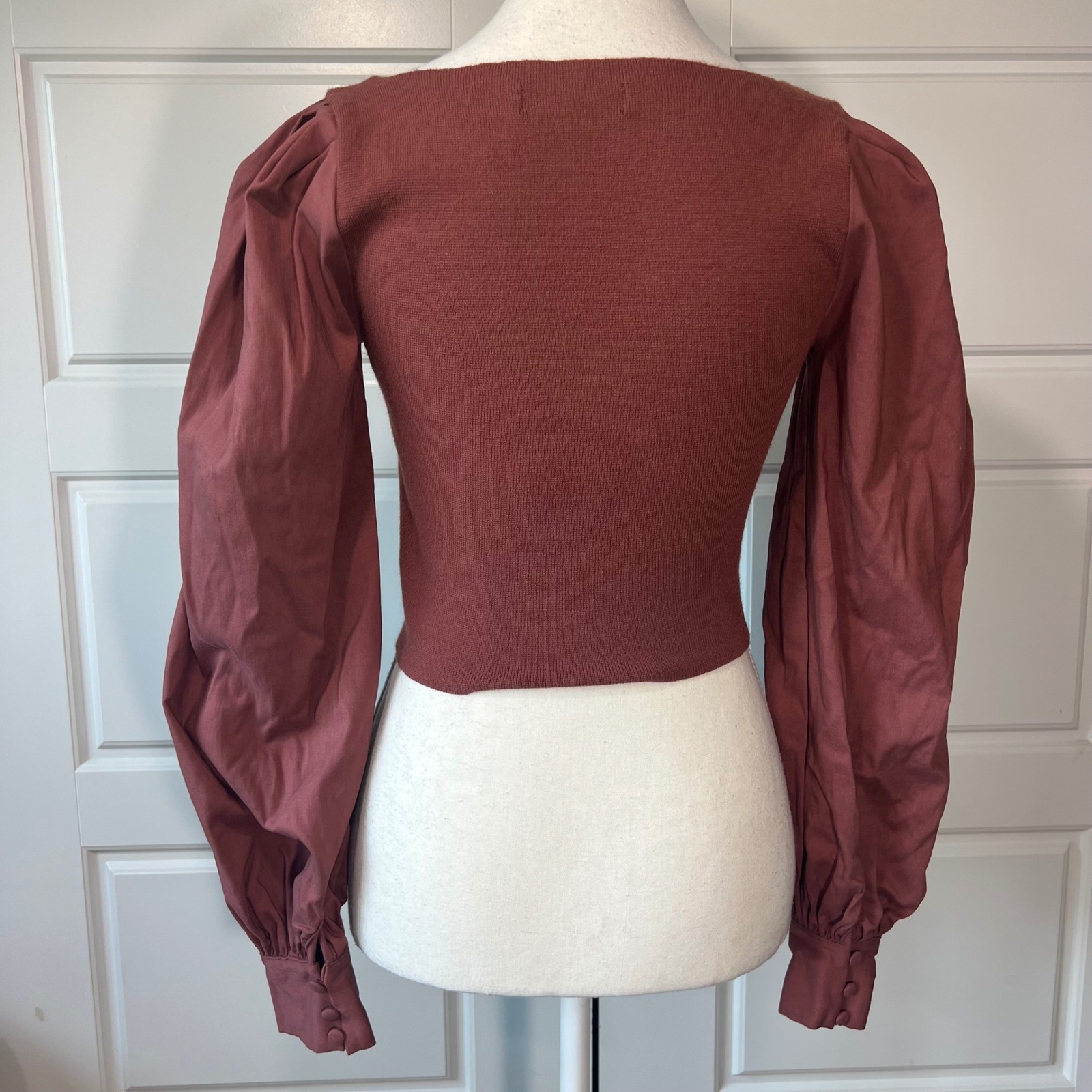 Blue Blush Top Knit Bodice Balloon Sleeve Square Neck Blouse Small S