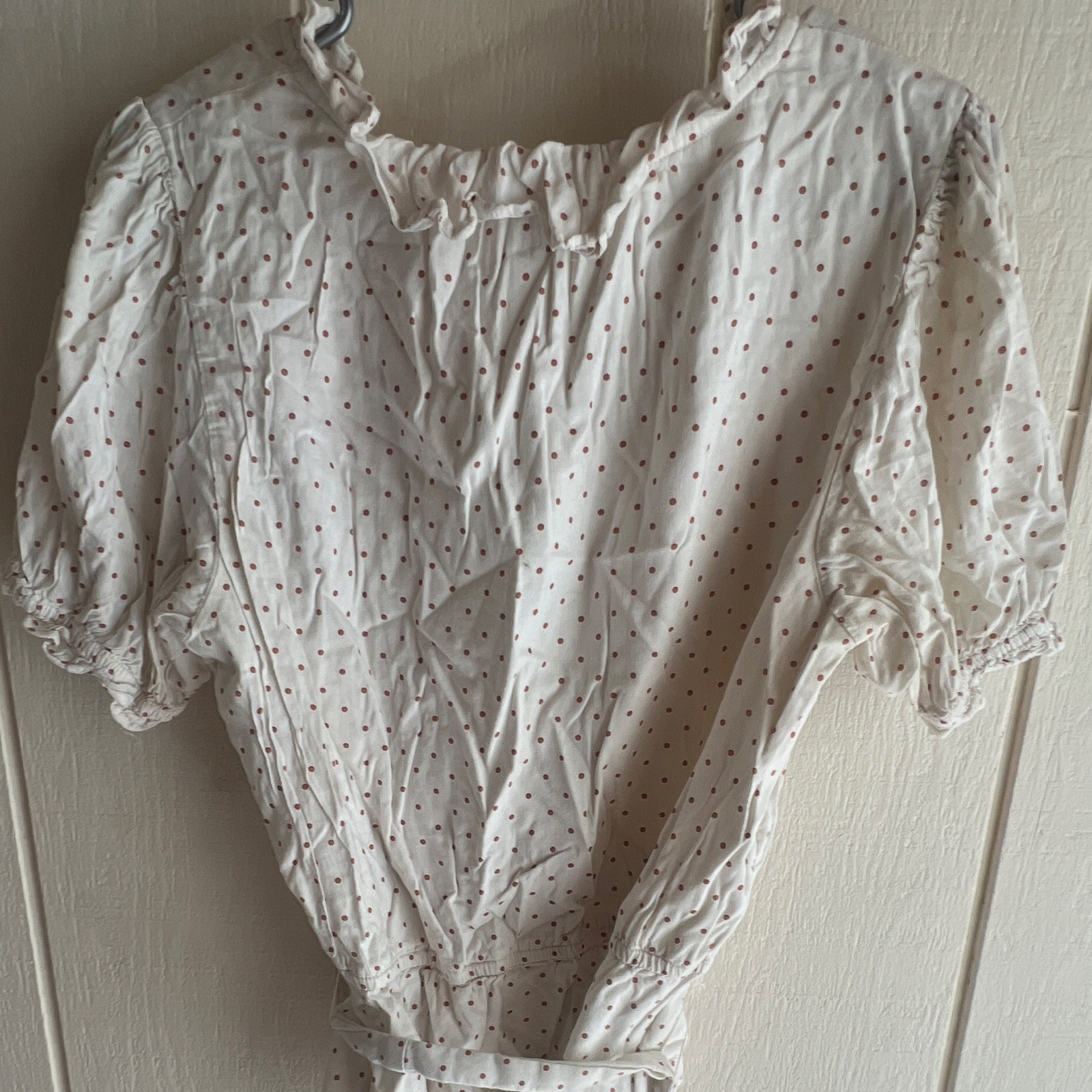 LC Lauren Conrad Women’s XL White Brown Polka Dot Wrap V Neck Ruffle Tie Blouse
