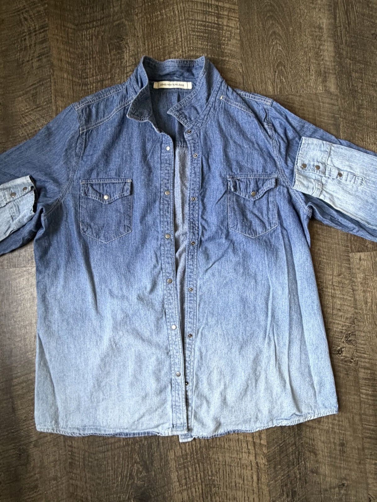 Jones New York Jeans Womens XL Ombre Chambray Denim Snap Front Western Shirt