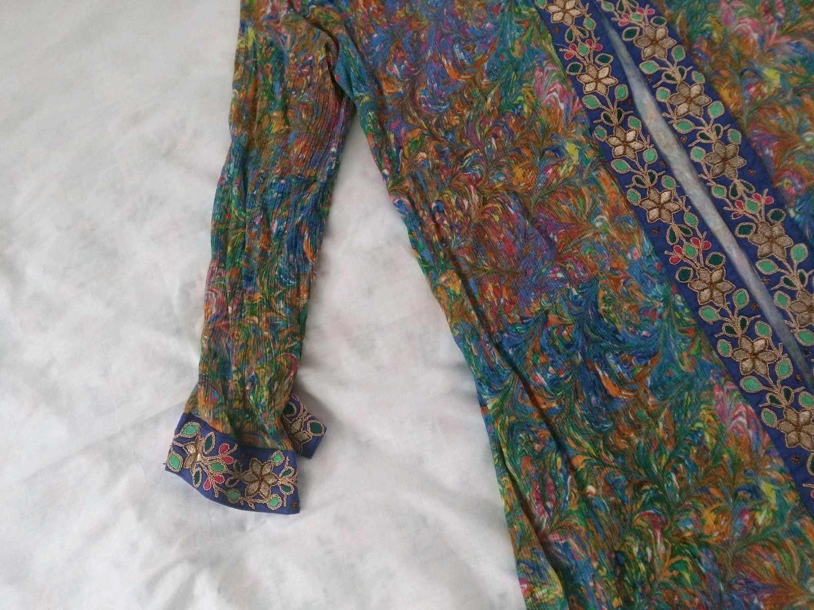Soft Surroundings Floral Embroidered Kimono Cardigan Boho Open Front Side Slit L