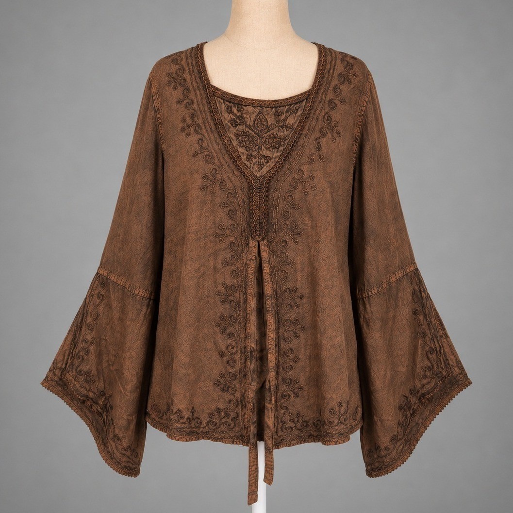 Vintage Y2K Embroidered Peasant Top Size XL Brown Boho Ren Faire Fairy Earthy