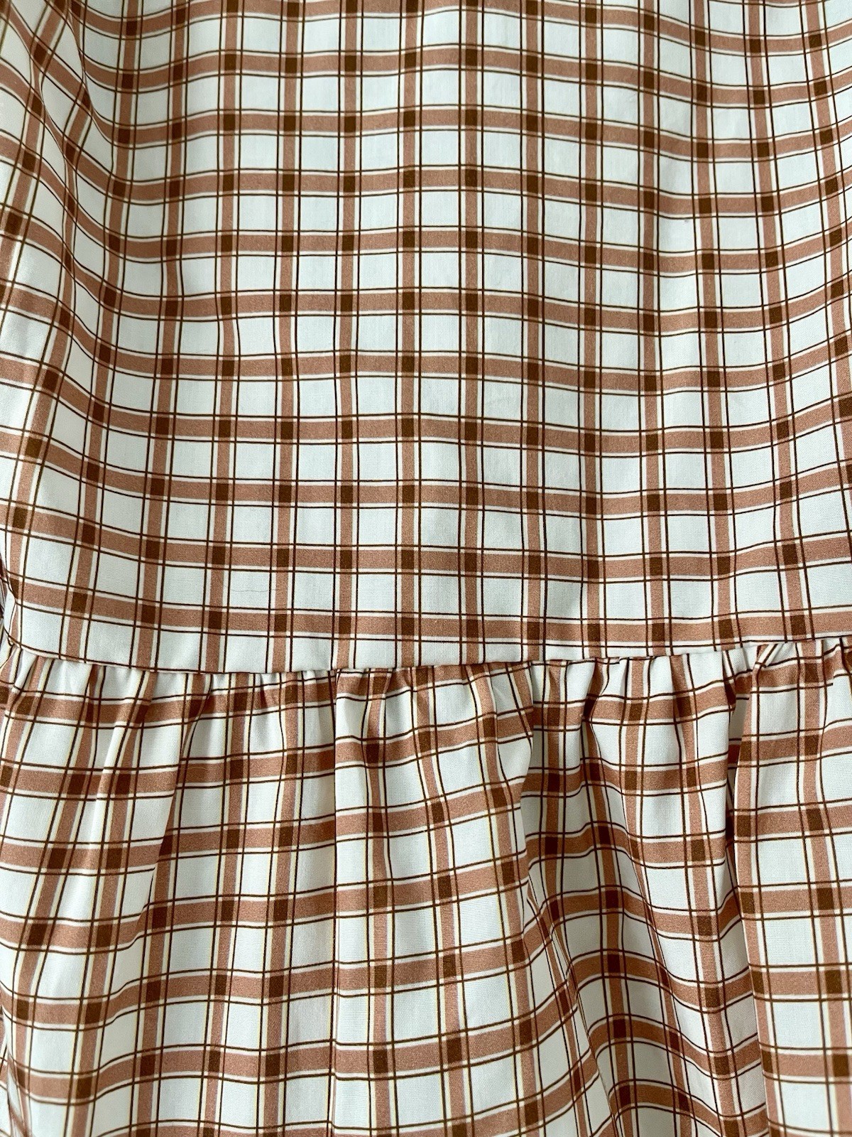 ASOS DESIGN Women’s Brown White Woven Cotton Plaid Peplum Puff Blouse XS