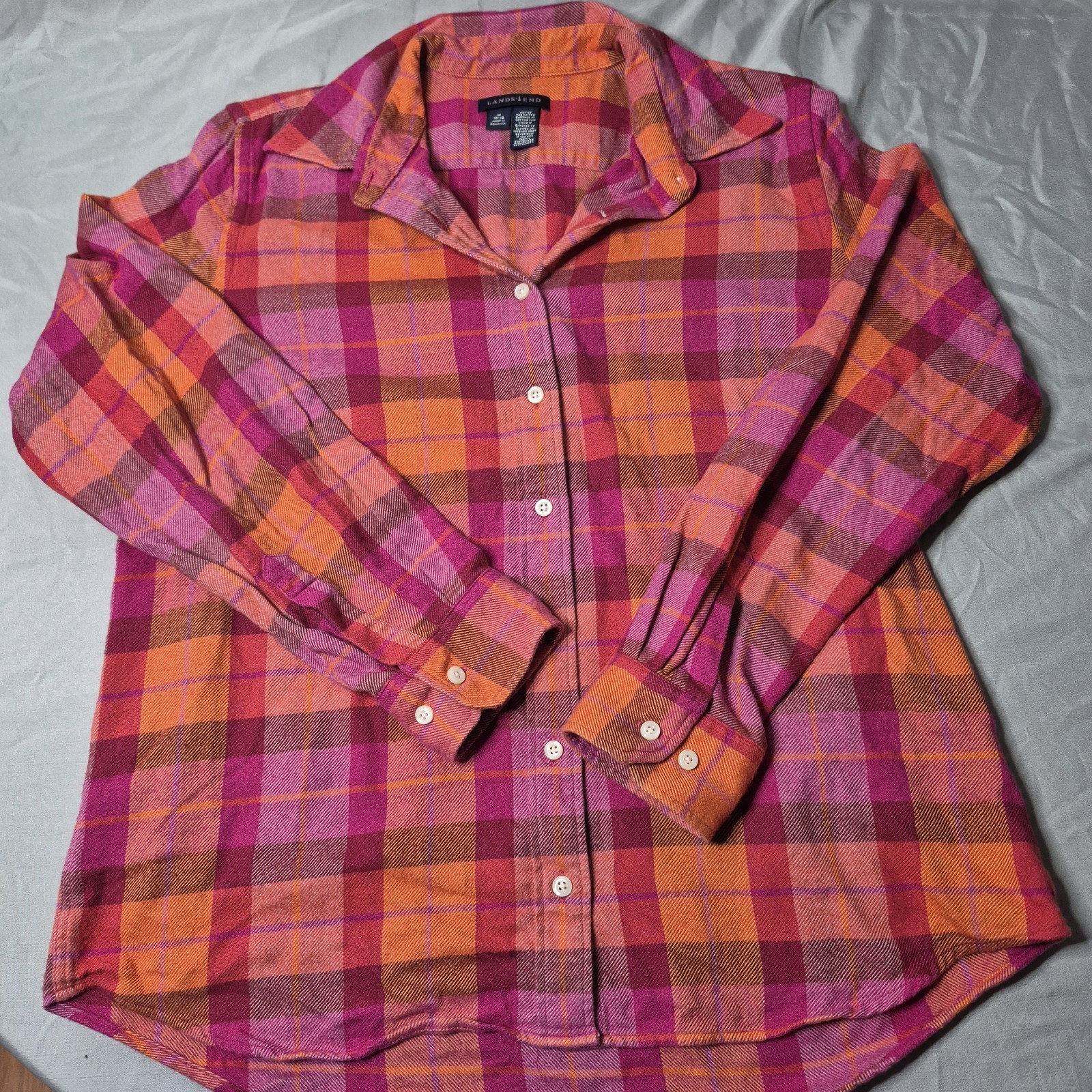 Lands’ End Flannel Shirt Womens Sz M Zesty Orange Cotton Plaid Hiking Western