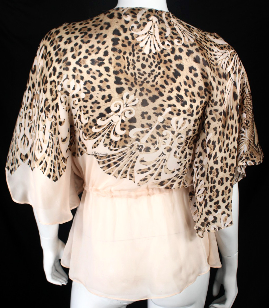 ROBERTO CAVALLI Blush Pink Leopard & Python Print Silk Chiffon Batwing Blouse 44