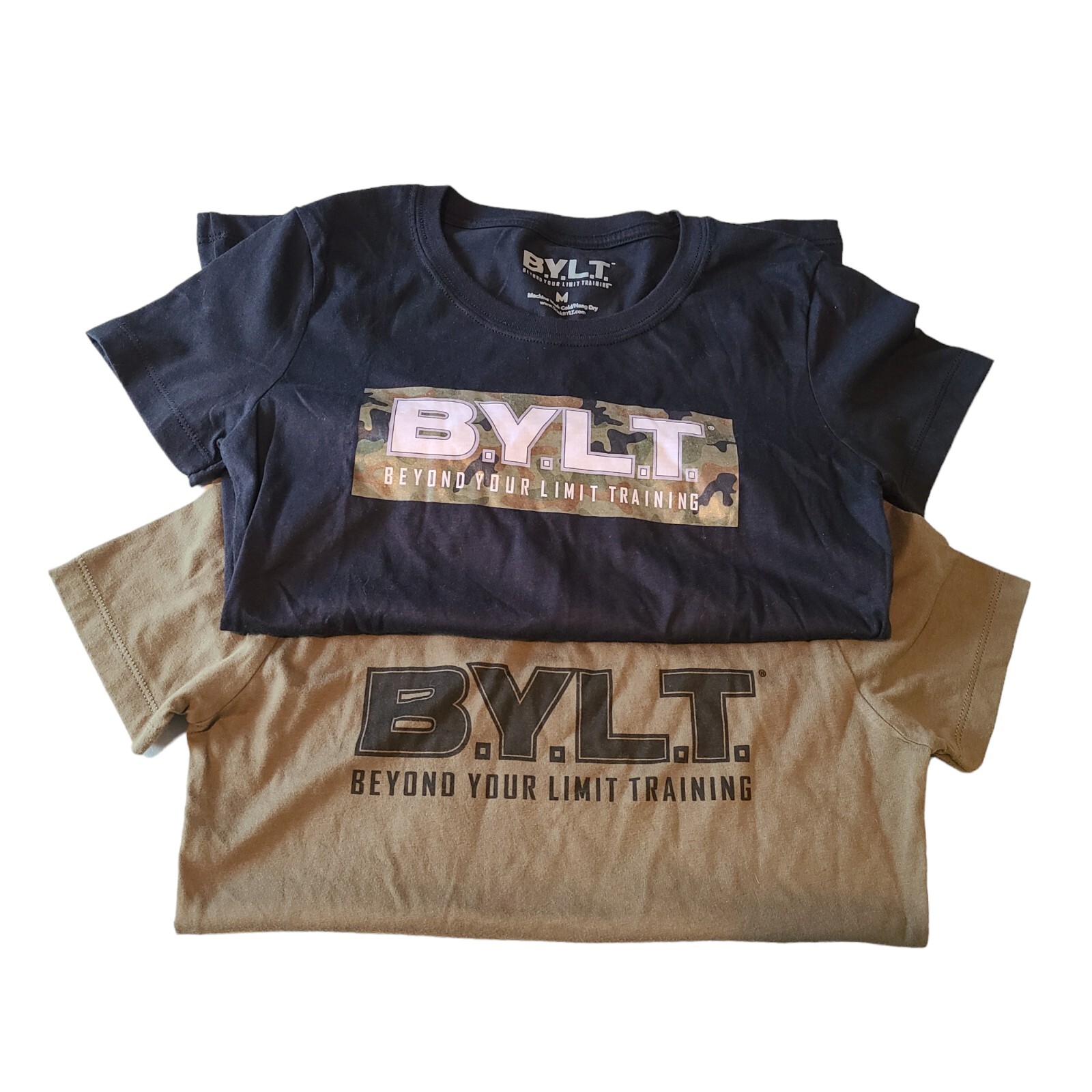 BYLT Women’s size Medium Cotton Tee Shirts set of 2 Fitted Camo Black Green