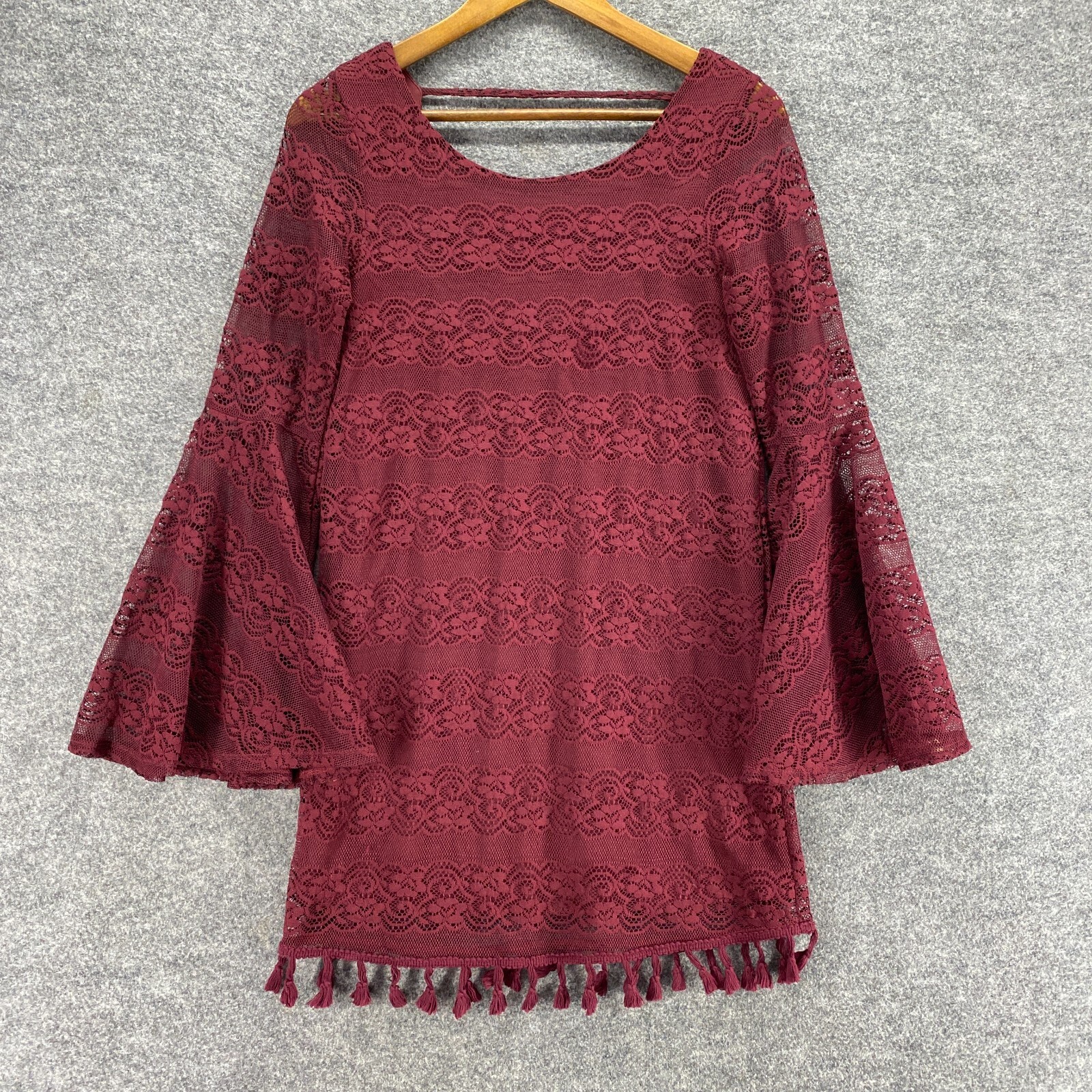 GB Blouse Women S Red Striped Crochet Lined 3/4 Sleeve Round Neck Casual Top