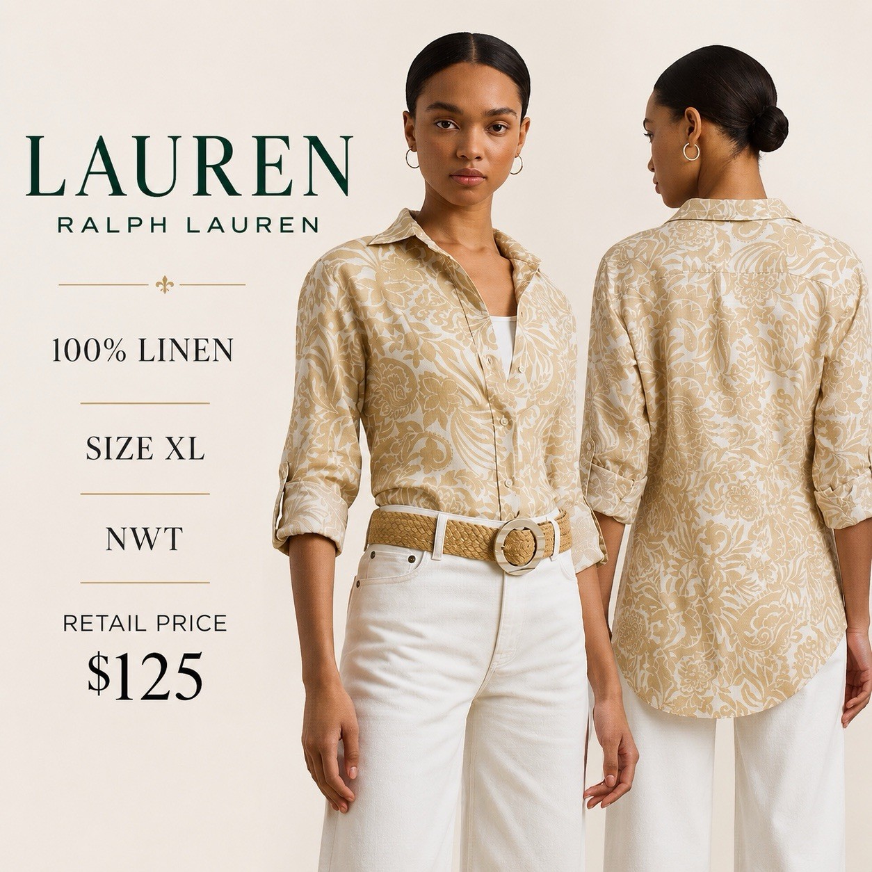Lauren Ralph Lauren Size XL Cream Tan Floral Paisley 100% Linen Button Up Shirt