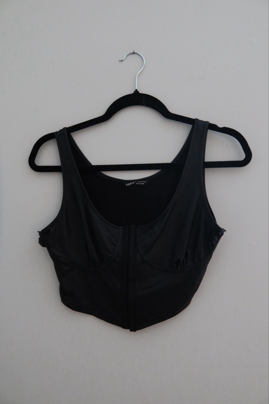 SHEIN Black Faux Leather Zip-Front Bralette Bra Wide Strap Wireless Size M
