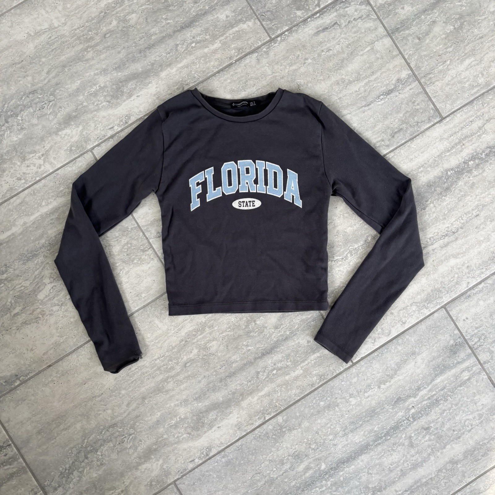 Stradivarius grey cropped long-sleeve graphic top with “FLORIDA STATE” Small
