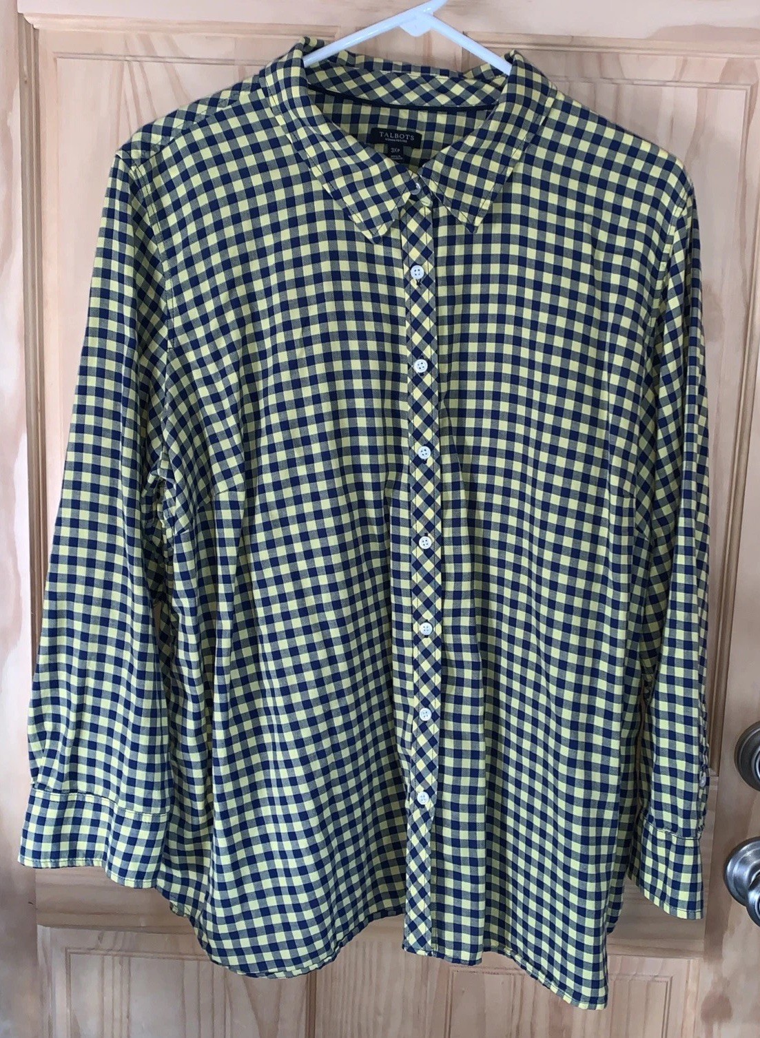 Talbots Gingham Button Up Blouse Yellow Navy Checked Shirt 100% Cotton 3XP
