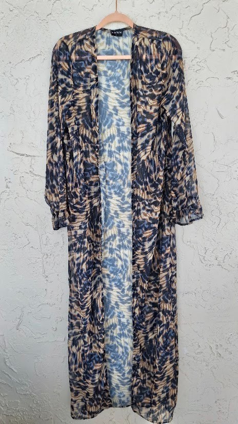 ICONSWIM Sheer Maxi Kimono Animal Print Duster Ruffle Sleeve Festival Boho L