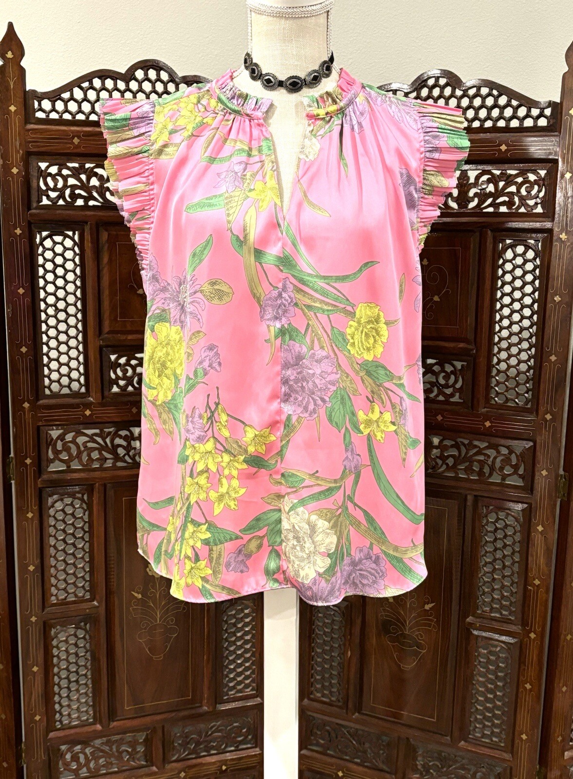 ANTHROPOLOGIE ARTSY FLORAL TOP L RUFFLE FEMININE COQUETTE SATIN *NO TASSELS*