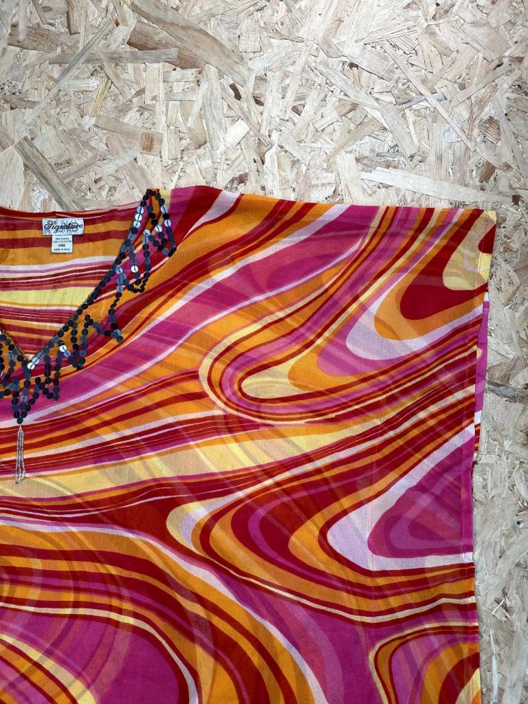 Signature Club A Kaftan Top Womens One Size Pink Orange Psychedelic Sequin