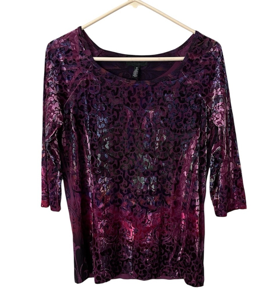 Investments WOMENS Medium Purple Paisley Top Textured Velour Vintage 3/4 Sleeve