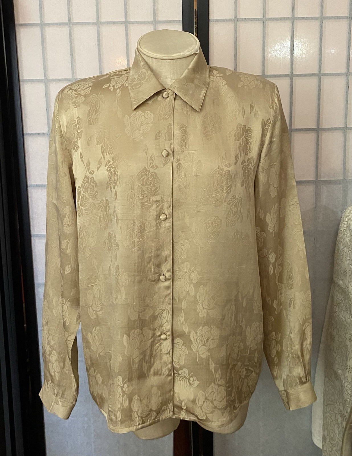 K.B. Lawrence by Crystal Kobe VTG 70s Wom M Golden Taupe Glossy Raw Silk Blouse