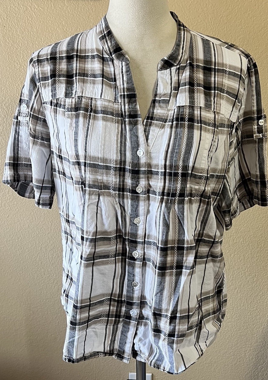 P&M Women’s Casual Neutral Plaid Short-Sleeve Button-Down Shirt Large 100%cotton