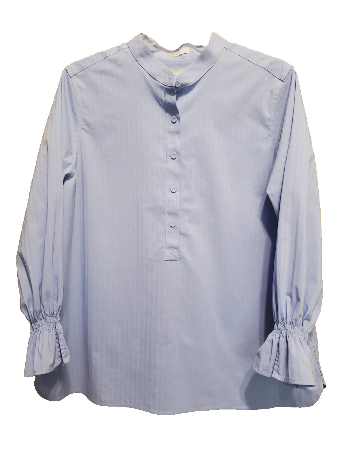 Chico’s No-Iron Chic Stretch Blue Half Placket Striped Smocked Cuff Tunic 1.5 10