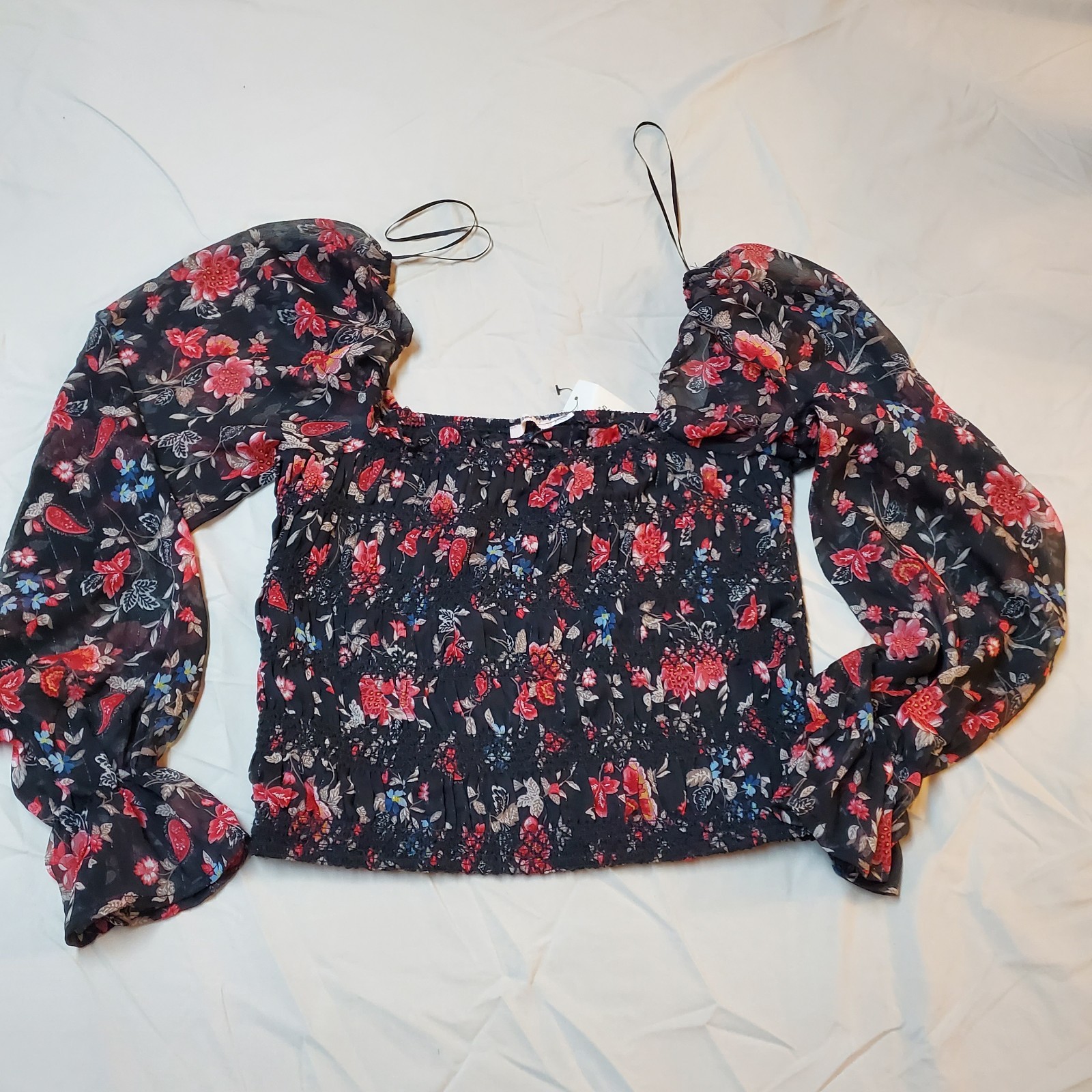 Dark Floral Cropped Stretch Fitted Blouse Size S Cottagecore Boho Festival