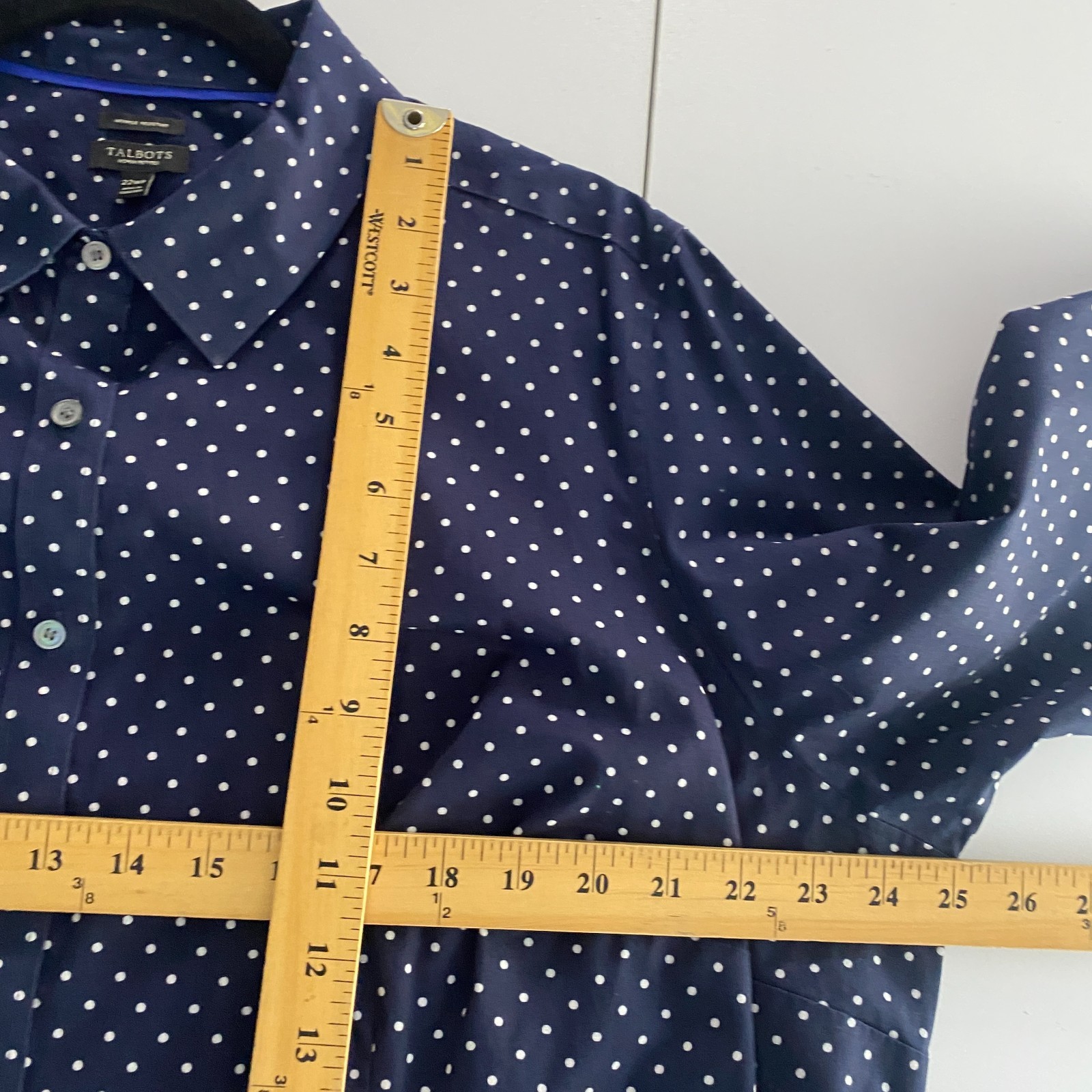 Talbots Wrinkle Resistant Button Up Shirt Size 22WP Navy White Polka Dot Stretch