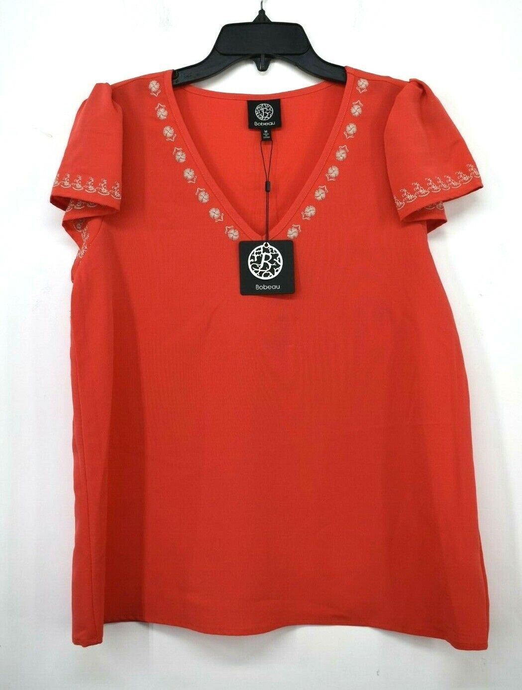 Bobeau Womens Embroidered V-Neck Short Flutter Sleeve Top Slip Over NWT $25