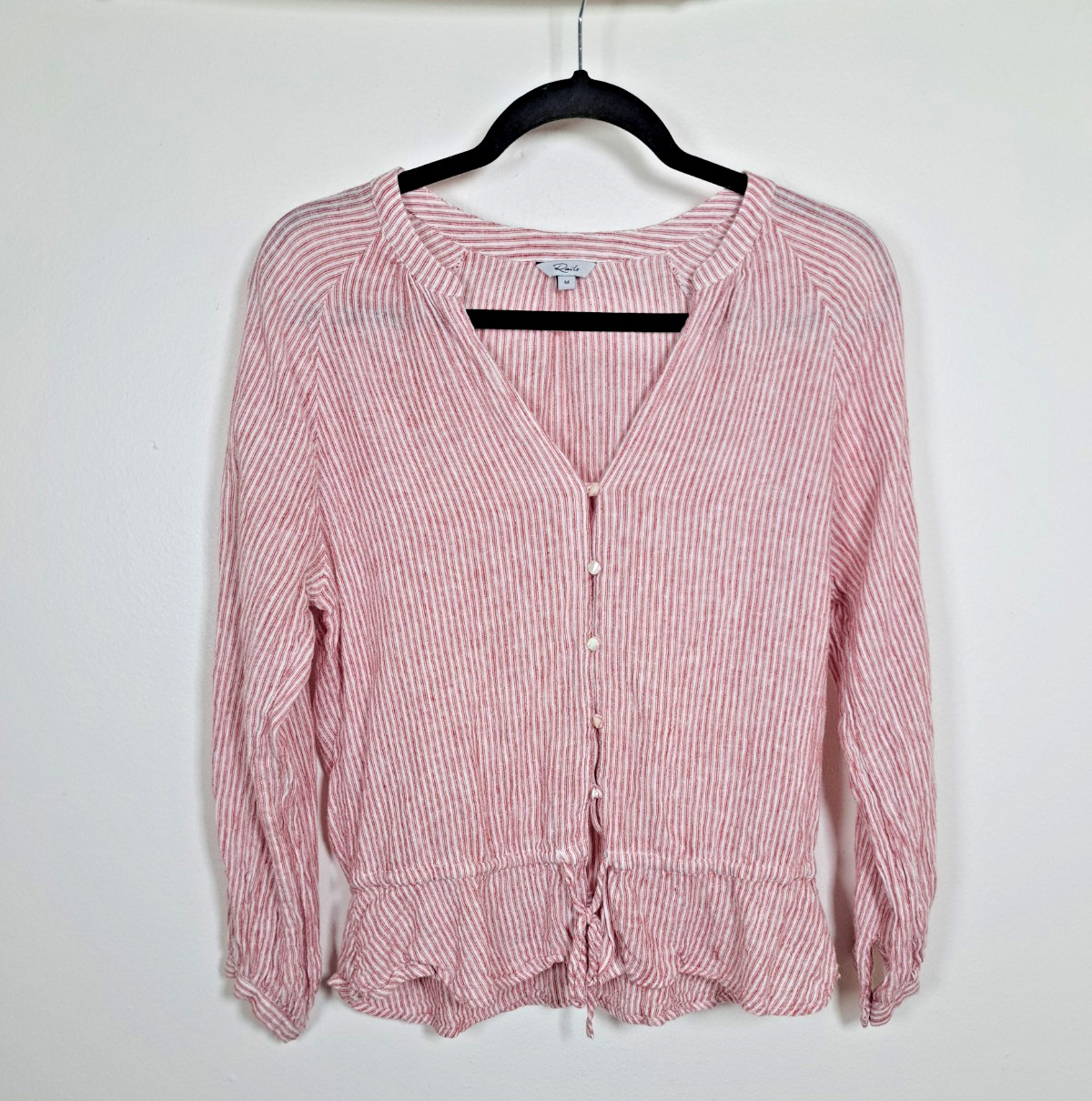 Rails Blouse Shirt! Medium Red White Striped Drawstring Linen Marti Scarlet