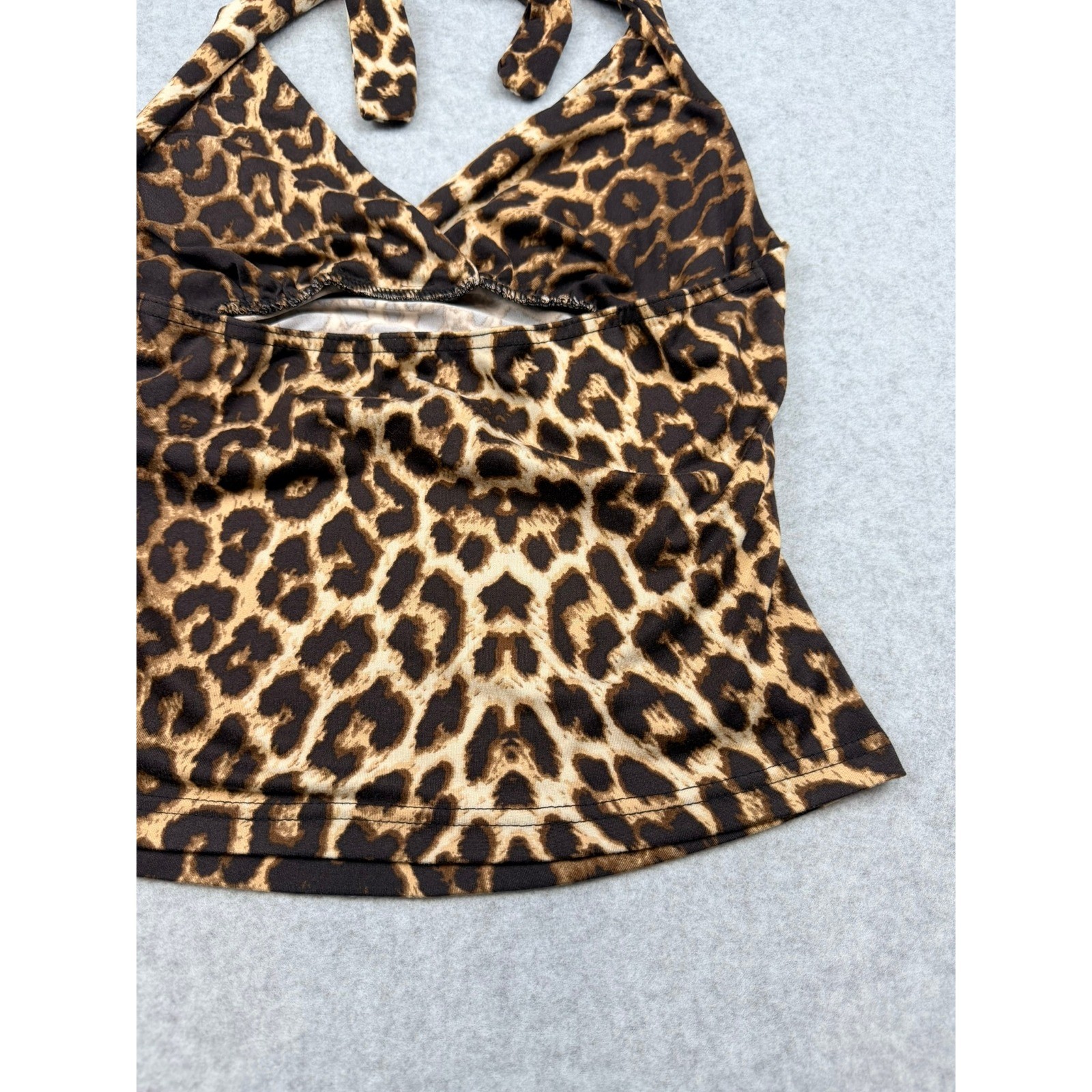 Leopard Print Halter Top Brown Black Animal Print Ruched Side V-Neck Stretchy