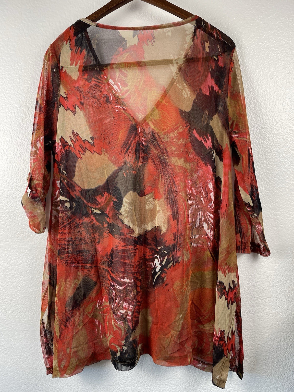 Women’s Tunic Top Nylon Mesh Red & Black Artsy Roll Tab Sleeves Pockets V-Neck