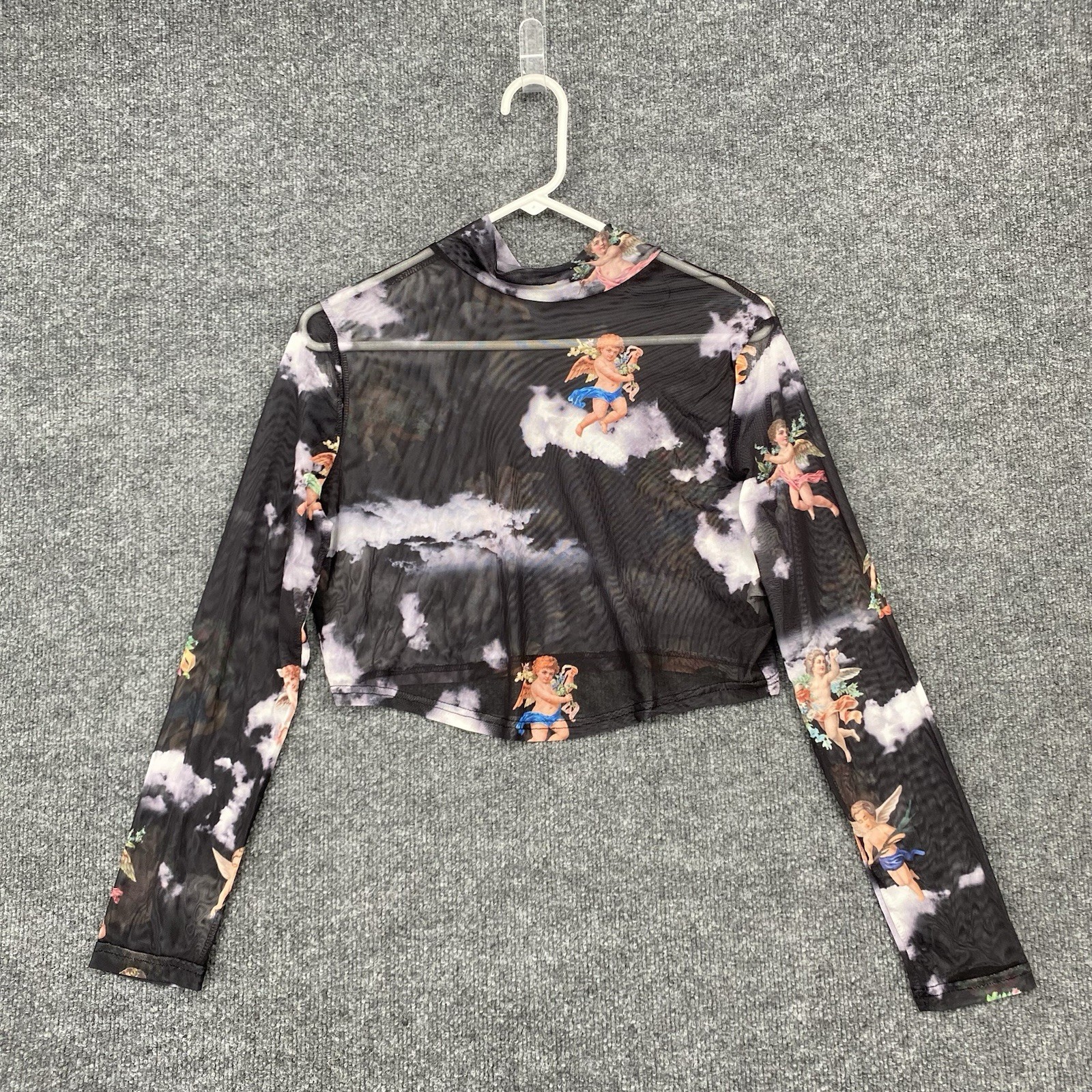 Unbranded Womens XL Black Angelic Mesh Cherub Print Crop Top