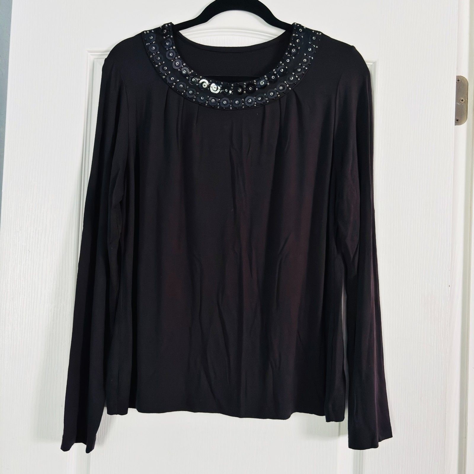 Susan Graver Style Black Beaded Sequin Jersey Knit Long Sleeve Top L