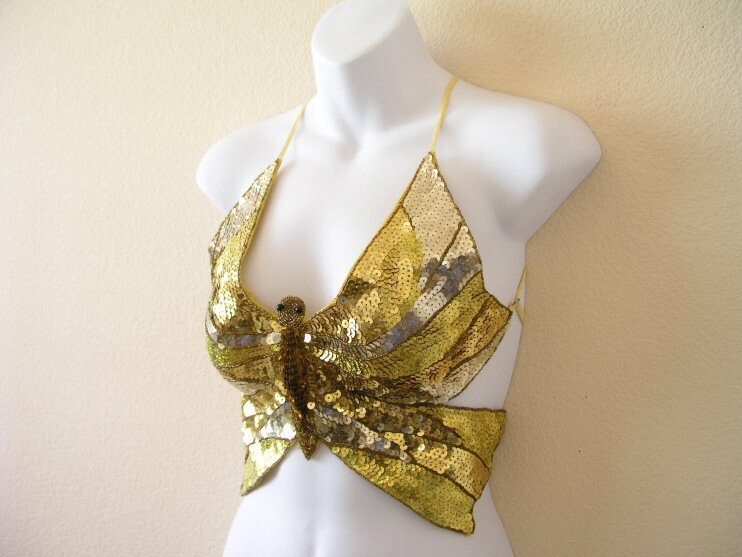 Gold & Silver Clubbing Bellydance Embroidered Sequins Butterfly Bra Top One Size