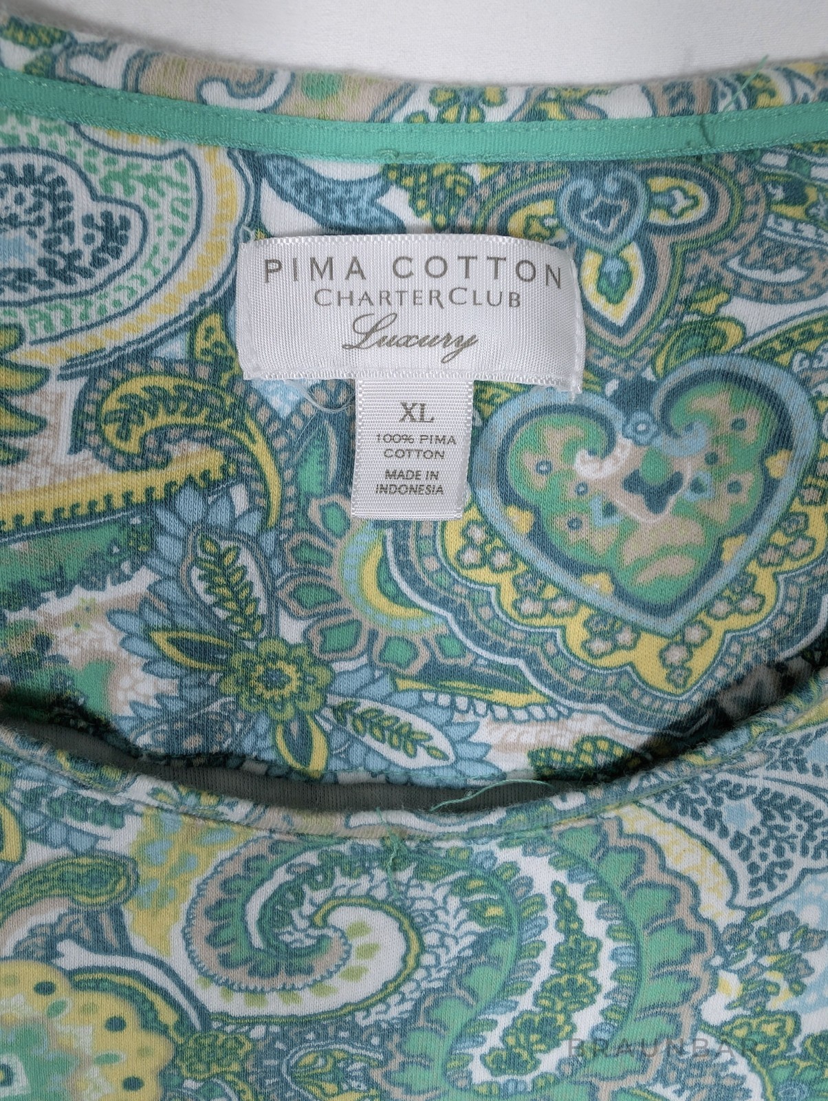 Charter Club Pima Cotton Shirt Women’s XL Paisley Turquoise Green Luxury Soft Te