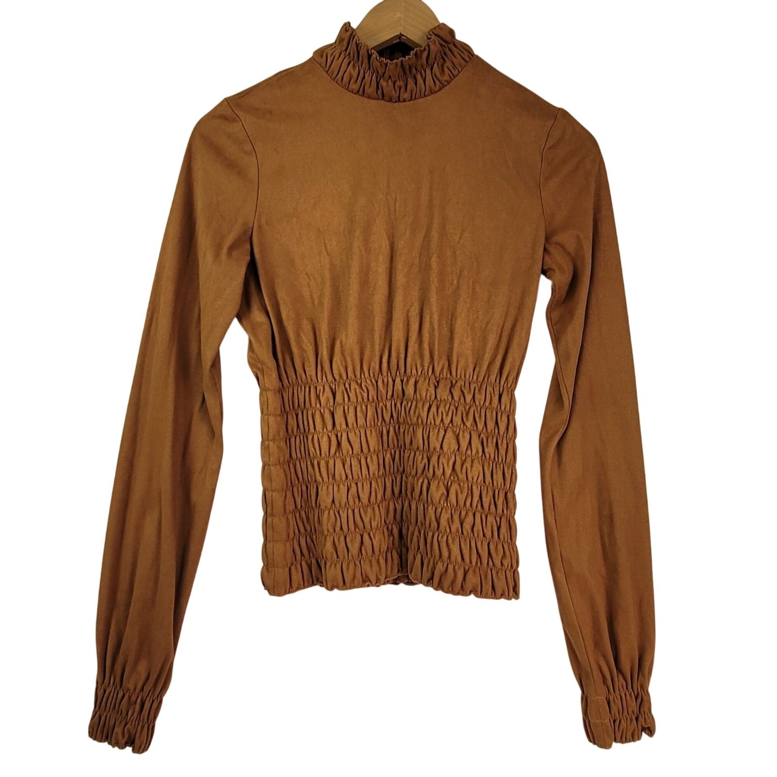 VTG Plein Sud Brown Faux Suede Smocked Waist Mock Neck Long Sleeve Top Size 36/4