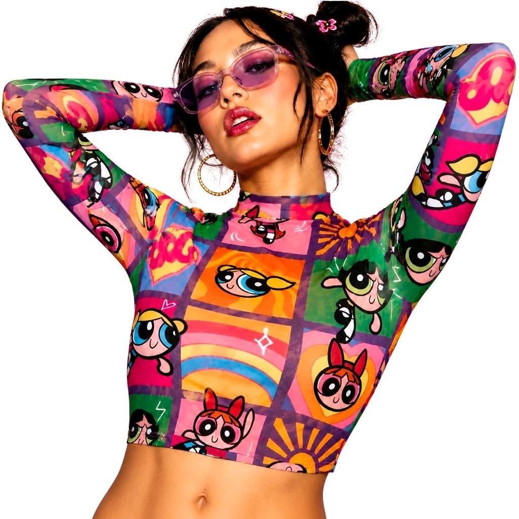 Powerpuff Girls Mesh Crop Top XXS Sheer Y2K Cartoon Long Sleeve