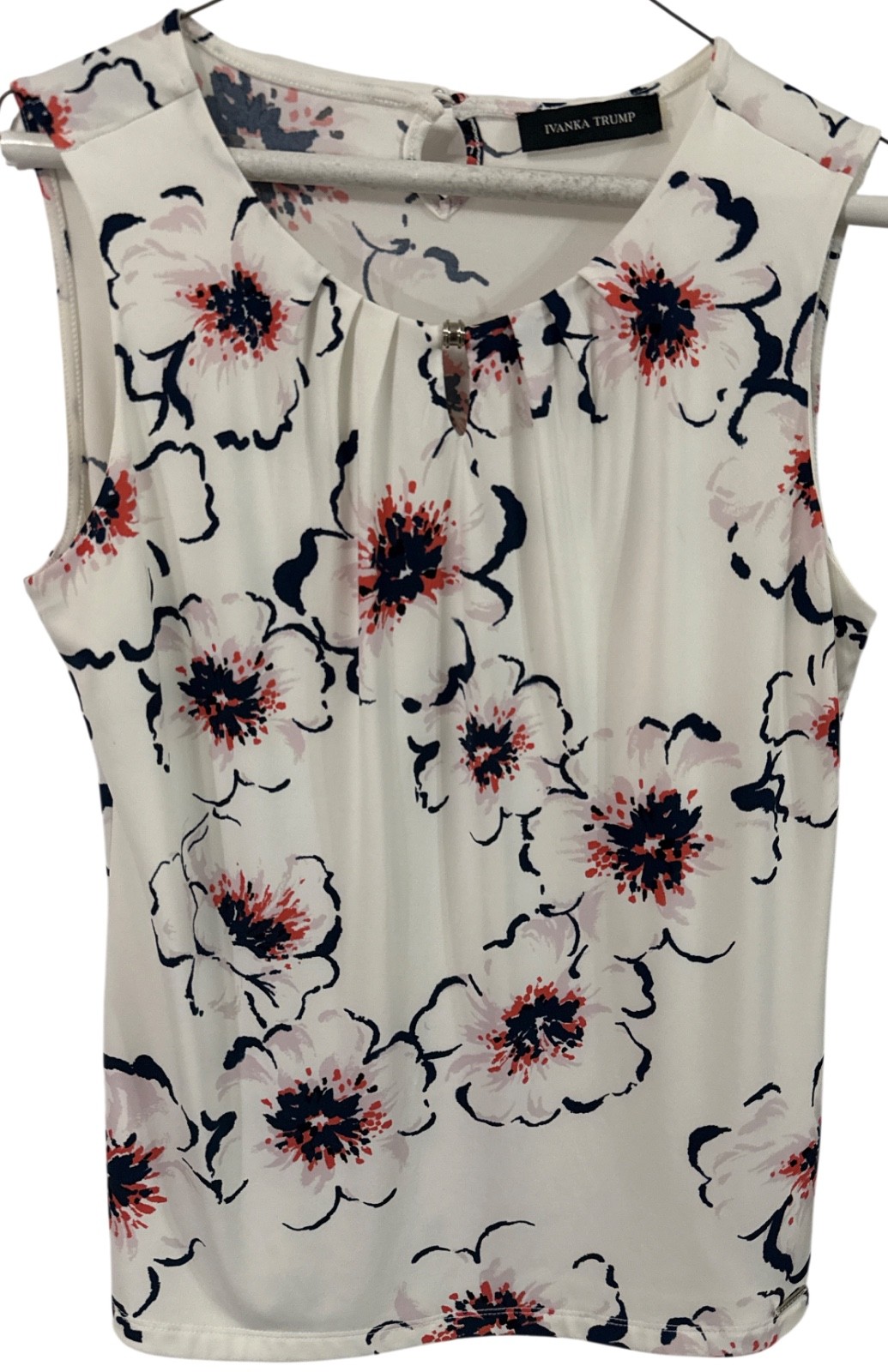 Ivanka Trump sleeveless blouse white floral pattern keyhole neckline S EUC