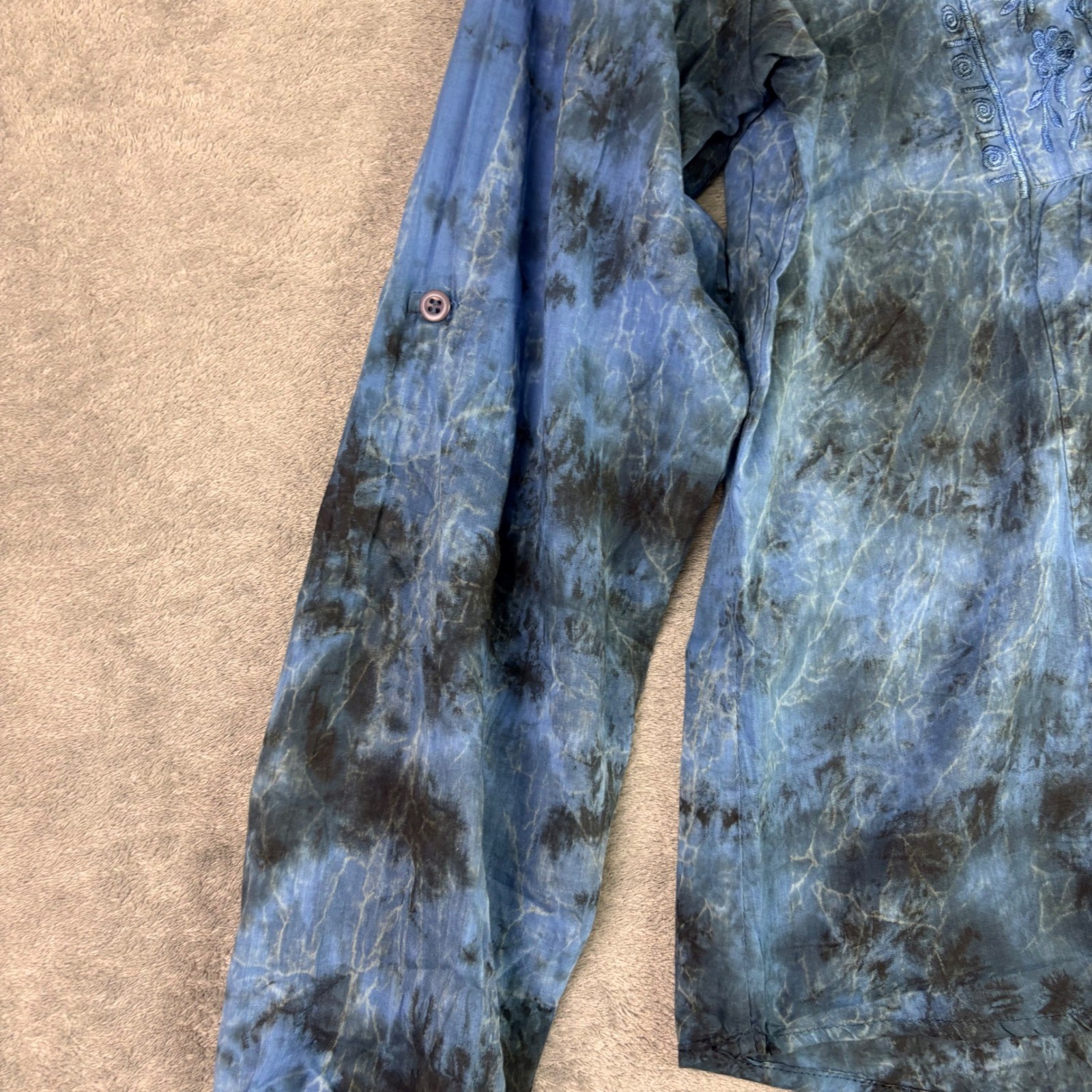Vintage Goa M Blue Tie Dye Tunic Top Embroidered V-Neck Boho Peasant Casual