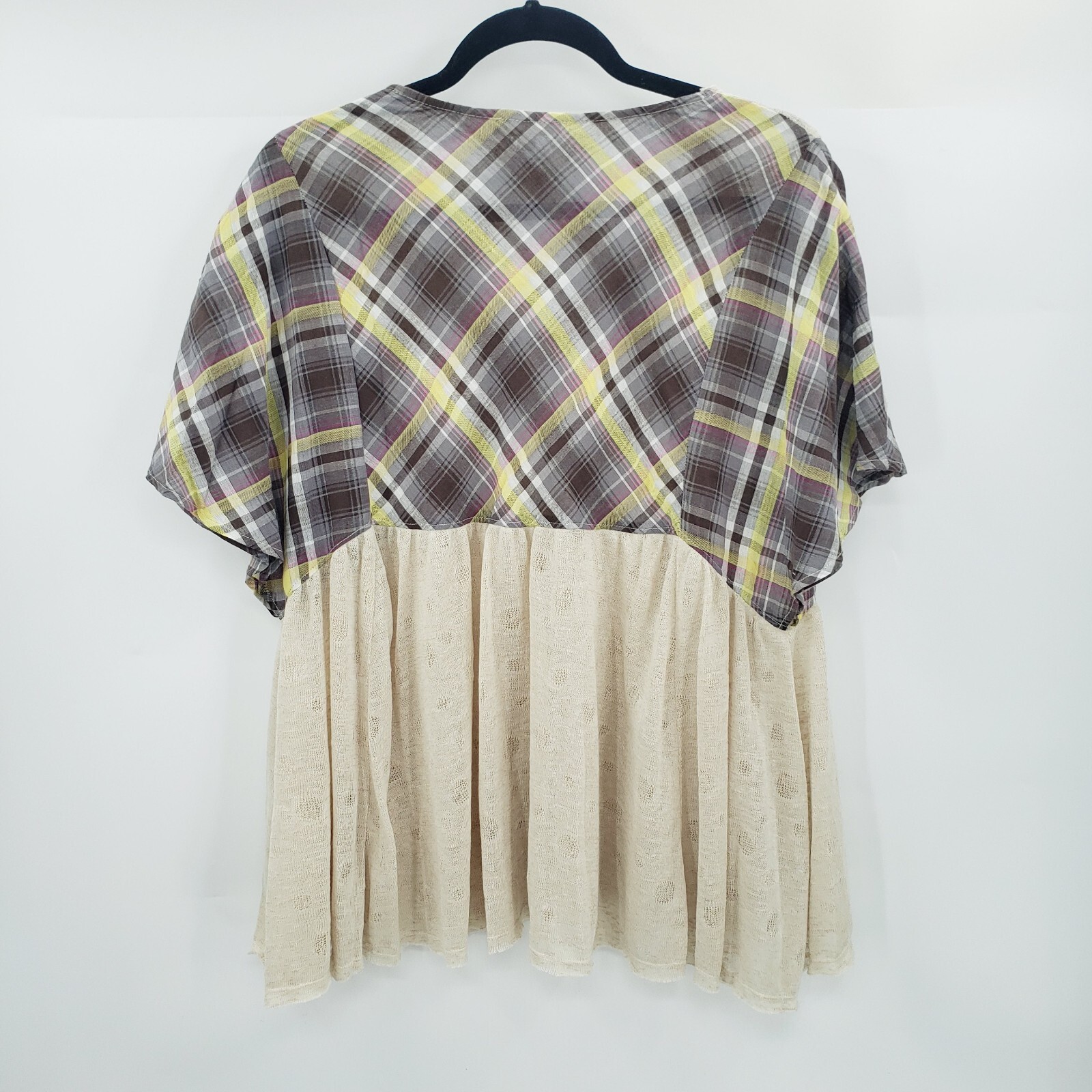 Oddy Short Sleeve Knit Blouse Womens Small Plaid Cream Mixed Media Top
