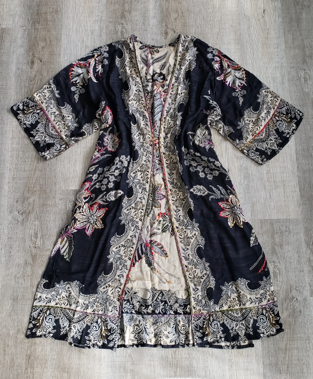 Boho Black Paisley Floral Embroidered Maxi Kimono Gypsy Hippie Duster Ca G2U